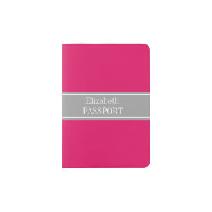 Solid Raspberry, Dark Gray Ribbon Name Monogram Passport Holder