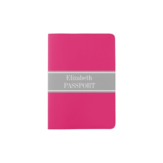 Solid Raspberry, Dark Gray Ribbon Name Monogram Passport Holder (Front)