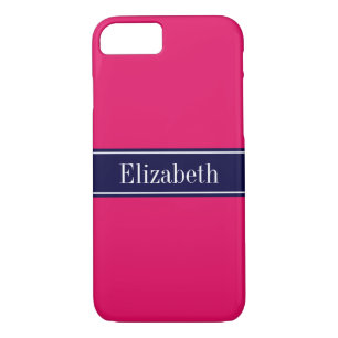 Solid Raspberry, Navy Blue Ribbon Name Monogram iPhone 8/7 Case