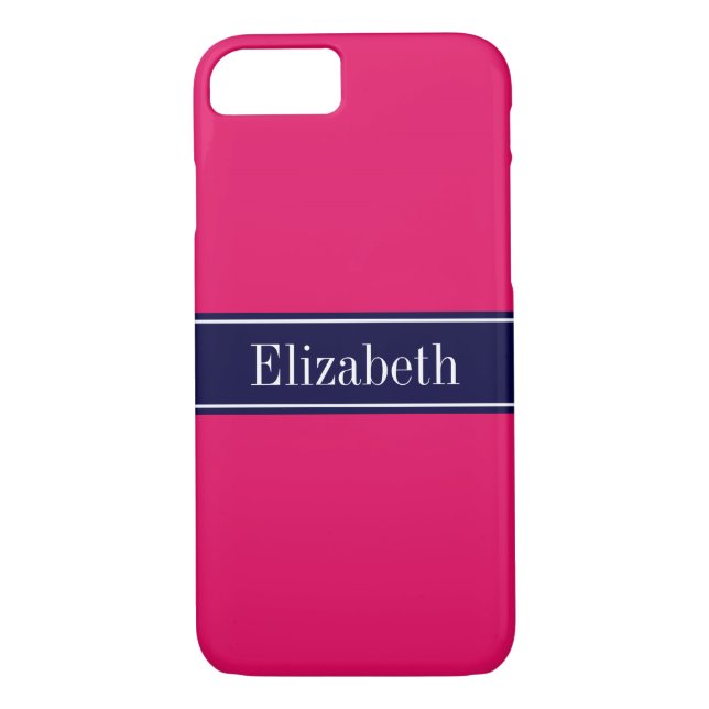 Solid Raspberry, Navy Blue Ribbon Name Monogram Case-Mate iPhone Case (Back)
