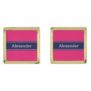 Solid Raspberry, Navy Blue Ribbon Name Monogram Cufflinks