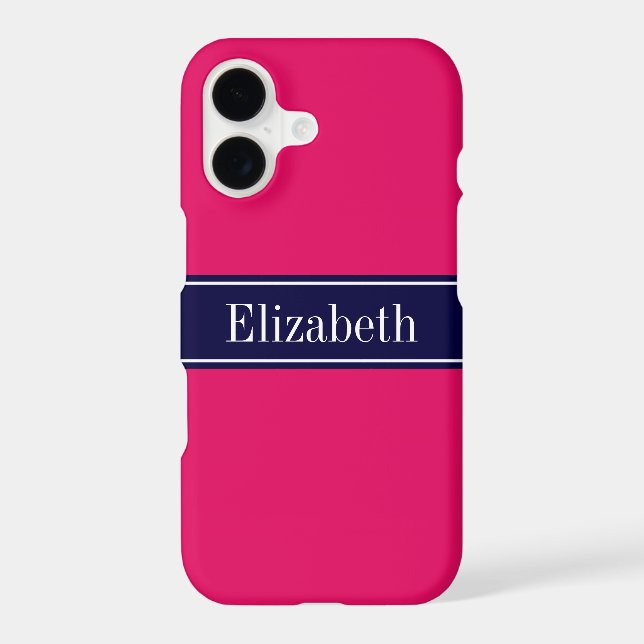 Solid Raspberry, Navy Blue Ribbon Name Monogram Iphone Case (Back)
