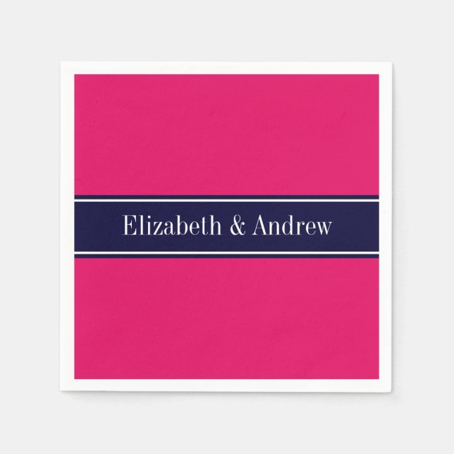 Solid Raspberry, Navy Blue Ribbon Name Monogram Napkins (Front)
