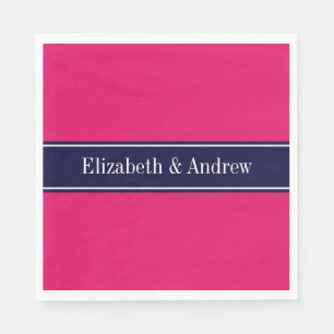 Solid Raspberry, Navy Blue Ribbon Name Monogram Paper Napkins