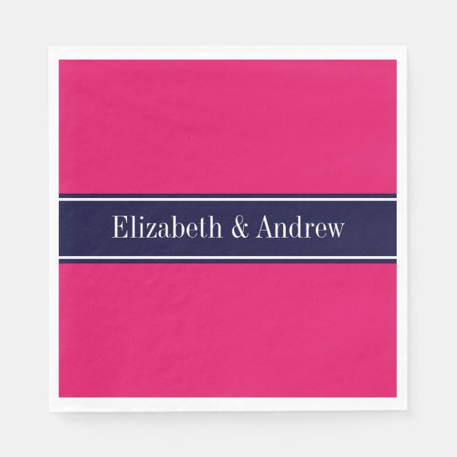 Solid Raspberry, Navy Blue Ribbon Name Monogram Paper Napkins (Front)