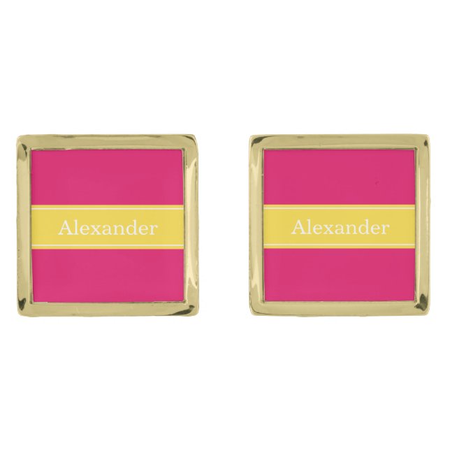 Solid Raspberry, Pineapple Ribbon Name Monogram Cufflinks (Front)