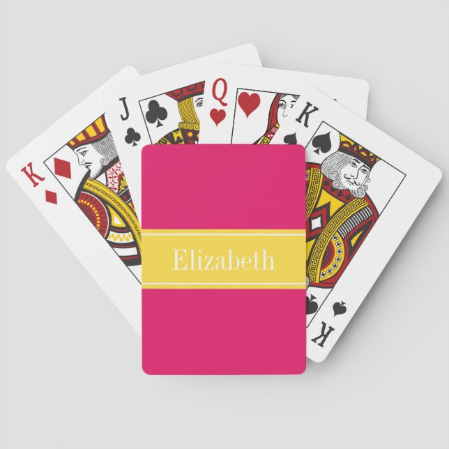 Solid Raspberry, Pineapple Ribbon Name Monogram Poker Cards (Back)