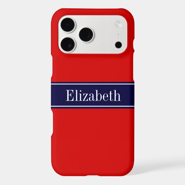 Solid Red, Navy Blue Ribbon Name Monogram Iphone Case (Back)