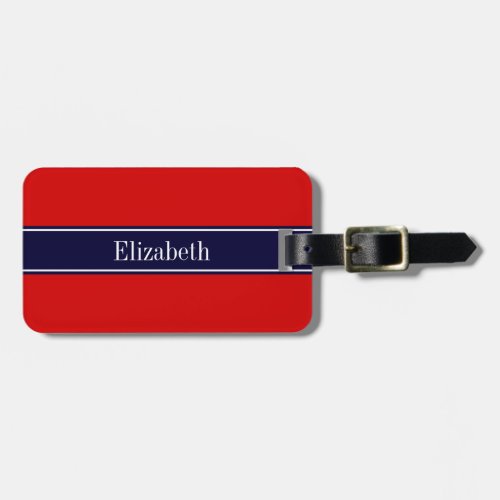 Solid Red Navy Blue Ribbon Name Monogram Luggage Tag