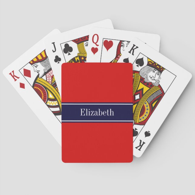 Solid Red, Navy Blue Ribbon Name Monogram Poker Cards (Back)