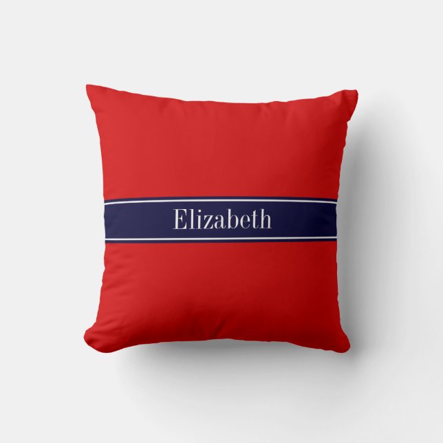 Solid Red, Navy Blue Ribbon Name Monogram Throw Pillow (Front)