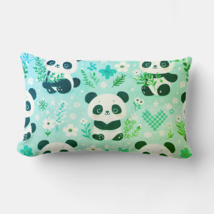 Solid Side and Panda Bear Pattern Green Print Lumbar Pillow