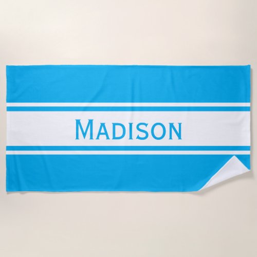 Solid Sky Blue White Stripes Modern Name Beach Towel