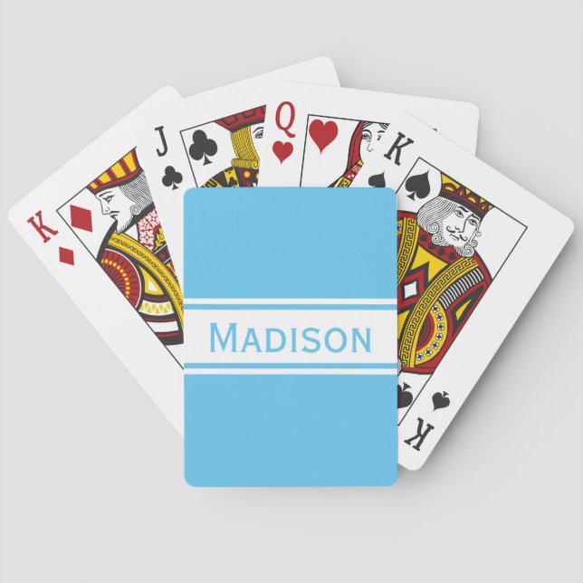 Solid Sky Blue White Stripes Modern Name Poker Cards (Back)