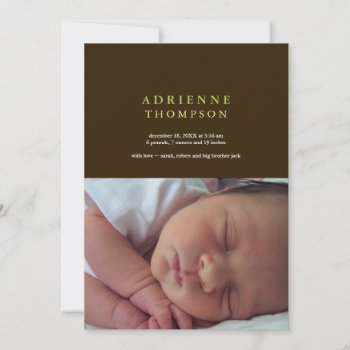 Solid Sophistication Brown Green Photo Baby Birth Announcement by FidesDesign at Zazzle