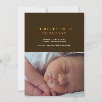 Solid Sophistication Brown Yellow Photo Baby Birth Announcement by FidesDesign at Zazzle