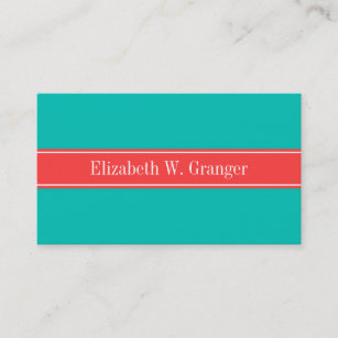 Solid Teal, Coral Red Ribbon Name Monogram Business Card