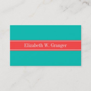 Solid Teal  Coral Red Ribbon Name Monogram Business Card by FantabulousPatterns at Zazzle