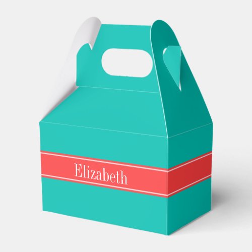 Solid Teal Coral Red Ribbon Name Monogram Favor Boxes