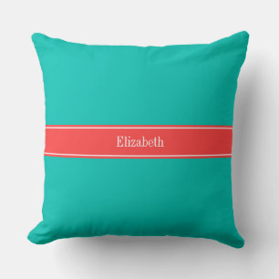 Solid Teal, Coral Red Ribbon Name Monogram Throw Pillow
