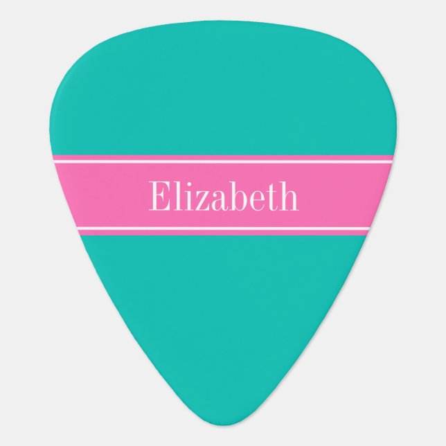 Solid Teal, Hot Pink #2 Ribbon Name Monogram Guitar Pick (Front)