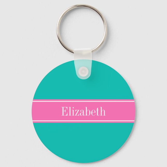 Solid Teal, Hot Pink #2 Ribbon Name Monogram Keychain (Front)