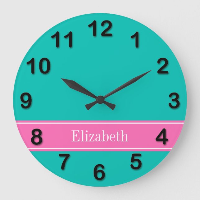 Solid Teal, Hot Pink #2 Ribbon Name Monogram Large Clock (Front)