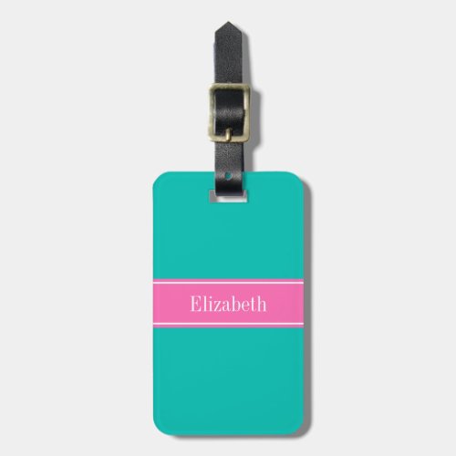 Solid Teal Hot Pink 2 Ribbon Name Monogram Luggage Tag