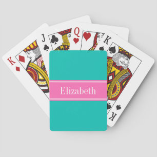 Solid Teal, Hot Pink #2 Ribbon Name Monogram Poker Cards
