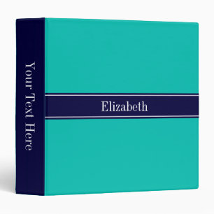 Solid Teal, Navy Blue Ribbon Name Monogram 3 Ring Binder