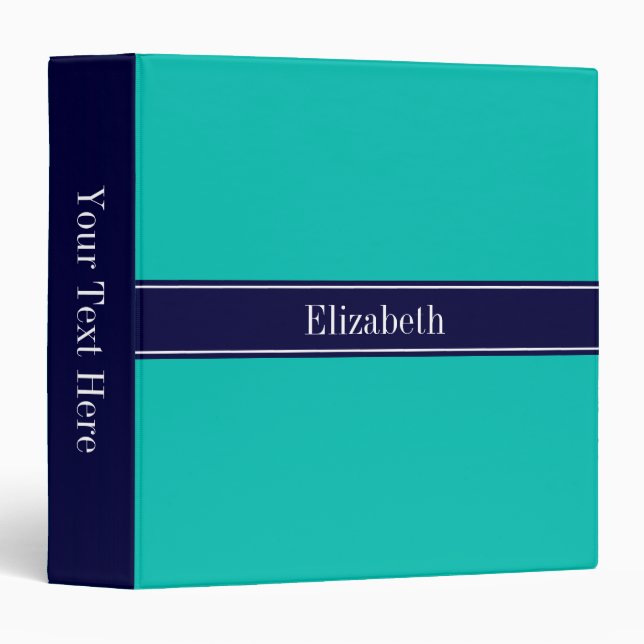 Solid Teal, Navy Blue Ribbon Name Monogram 3 Ring Binder (Front/Spine)