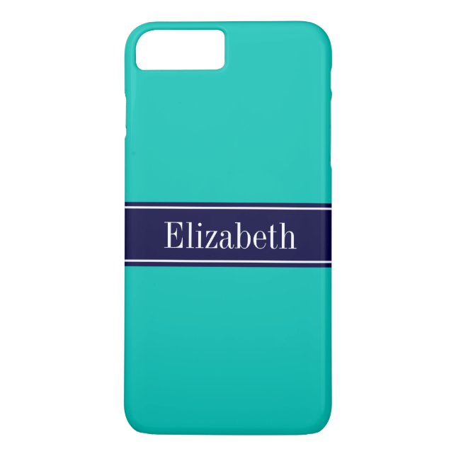 Solid Teal, Navy Blue Ribbon Name Monogram Case-Mate iPhone Case (Back)