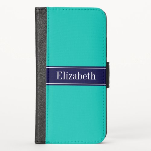 Solid Teal Navy Blue Ribbon Name Monogram iPhone X Wallet Case