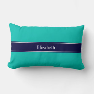 Solid Teal, Navy Blue Ribbon Name Monogram Lumbar Pillow