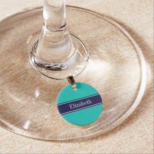 Solid Teal, Navy Blue Ribbon Name Monogram Wine Glass Charm