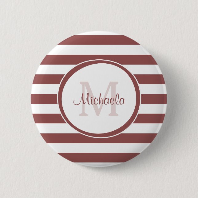 Solid Terracotta Red Stripes and Fashionable Name Pinback Button (Front)