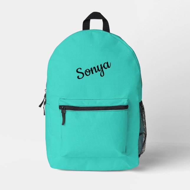 Solid Turquoise Blue with Name Printed Backpack (Front)