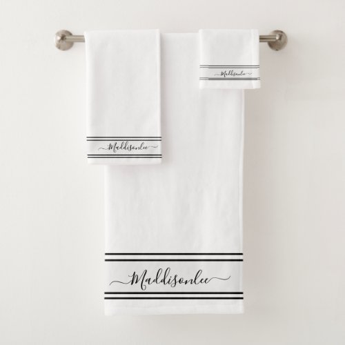 Solid White Black script minimal simple chic  Bath Towel Set