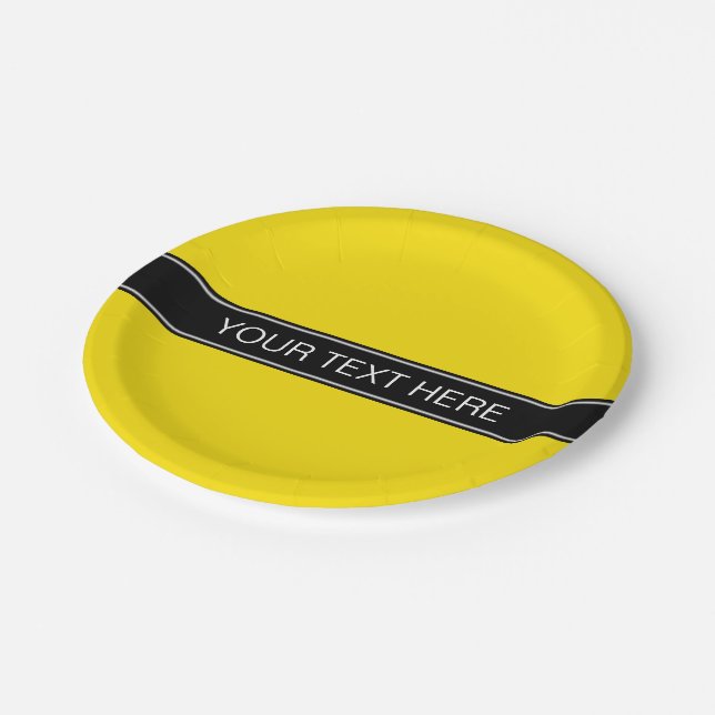 Solid Yellow, Black Ribbon Name Monogram Paper Plates (Angled)