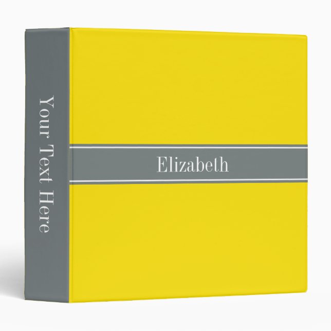 Solid Yellow, Charcoal Gray Ribbon Name Monogram Binder (Front/Spine)