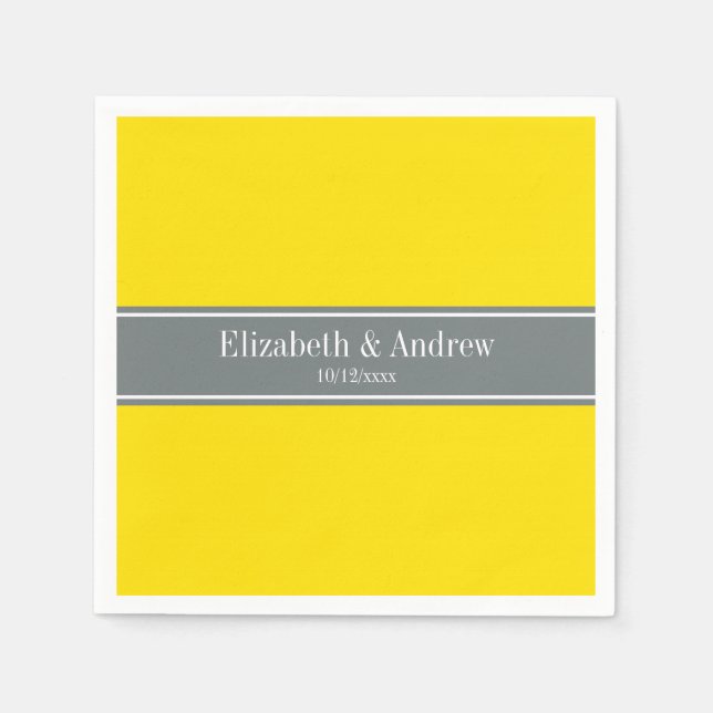 Solid Yellow, Charcoal Gray Ribbon Name Monogram Napkins (Front)