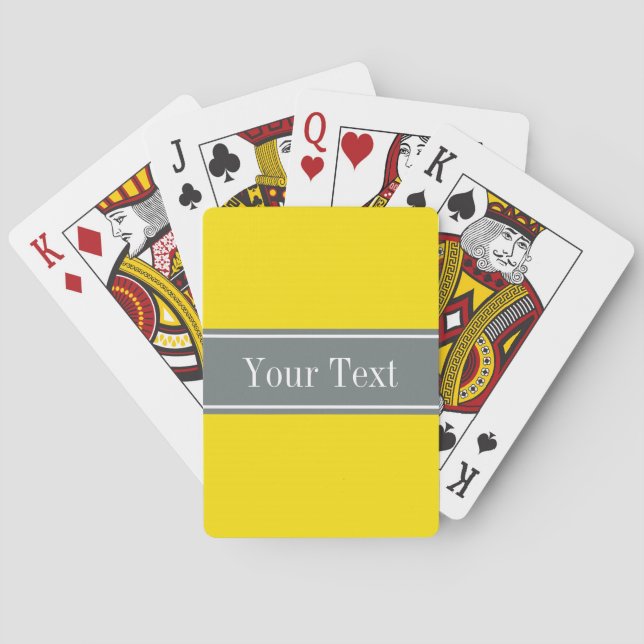Solid Yellow, Charcoal Gray Ribbon Name Monogram Poker Cards (Back)