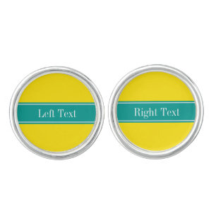 Solid Yellow, Dark Teal Ribbon Name Monogram Cufflinks