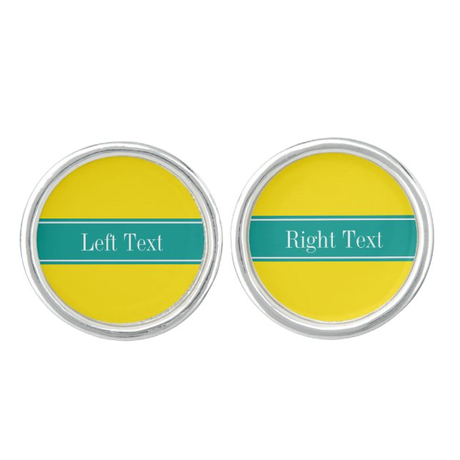 Solid Yellow, Dark Teal Ribbon Name Monogram Cufflinks (Front)