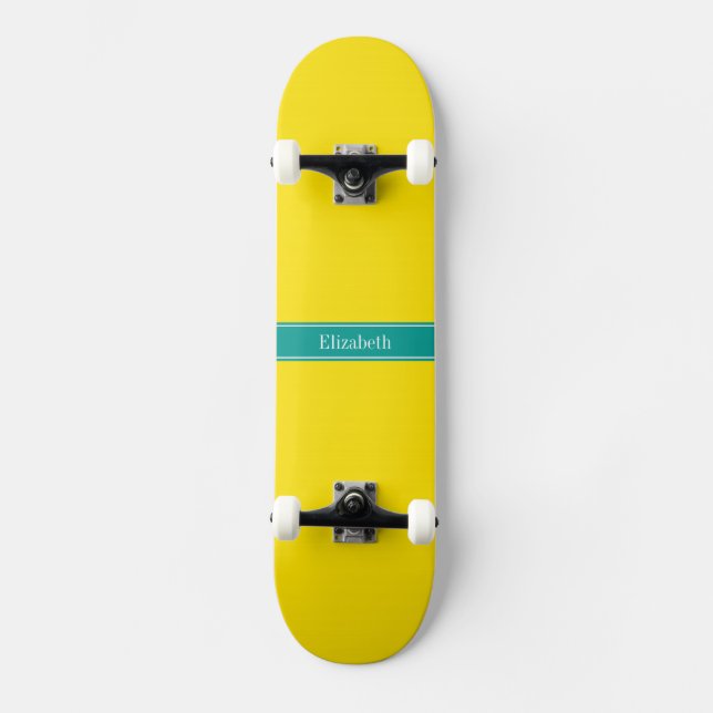 Solid Yellow, Dark Teal Ribbon Name Monogram Skateboard Deck (Front)