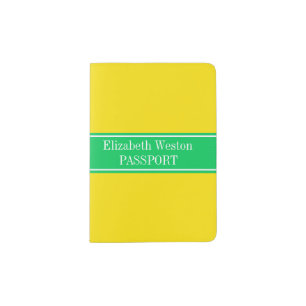 Solid Yellow, Emerald Green Ribbon Name Monogram Passport Holder