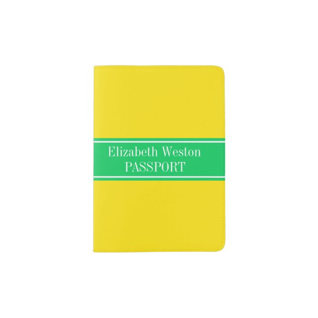 Solid Yellow, Emerald Green Ribbon Name Monogram Passport Holder (Front)
