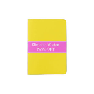 Solid Yellow Hot Pink Ribbon Name Monogram Passport Holder