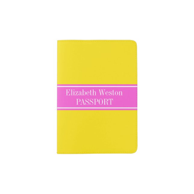 Solid Yellow Hot Pink Ribbon Name Monogram Passport Holder (Front)