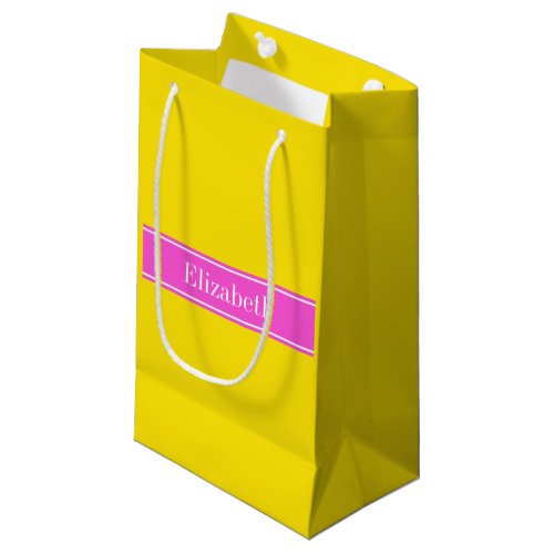 Solid Yellow Hot Pink Ribbon Name Monogram Small Gift Bag
